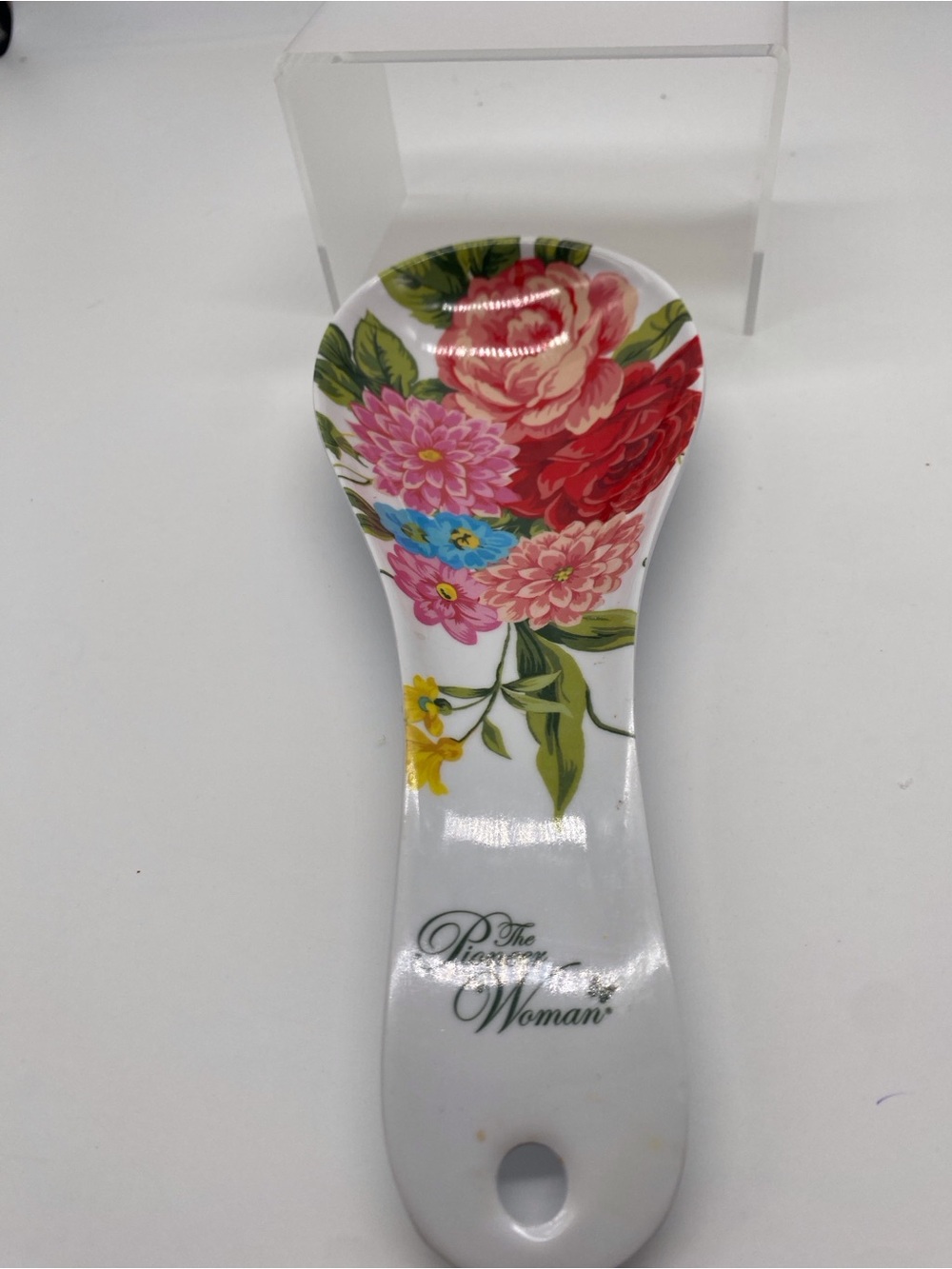 The Pioneer Woman Floral Ceramic Spoon Rest in White with Multicolor Flowers
